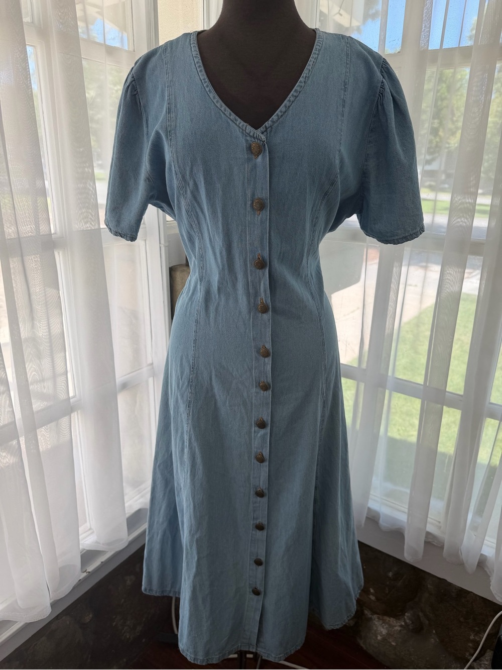 Northwest Blue V-Neck Button Front Denim Midi Dress